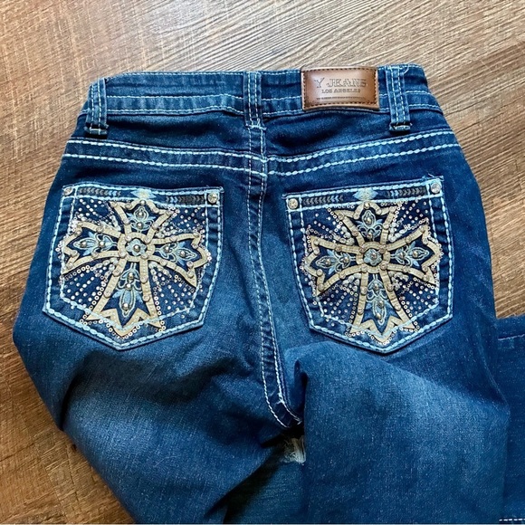 Y JEANS Los Angeles Y2K denim low rise flare distressed bling pockets cross 3/4 - Picture 10 of 15